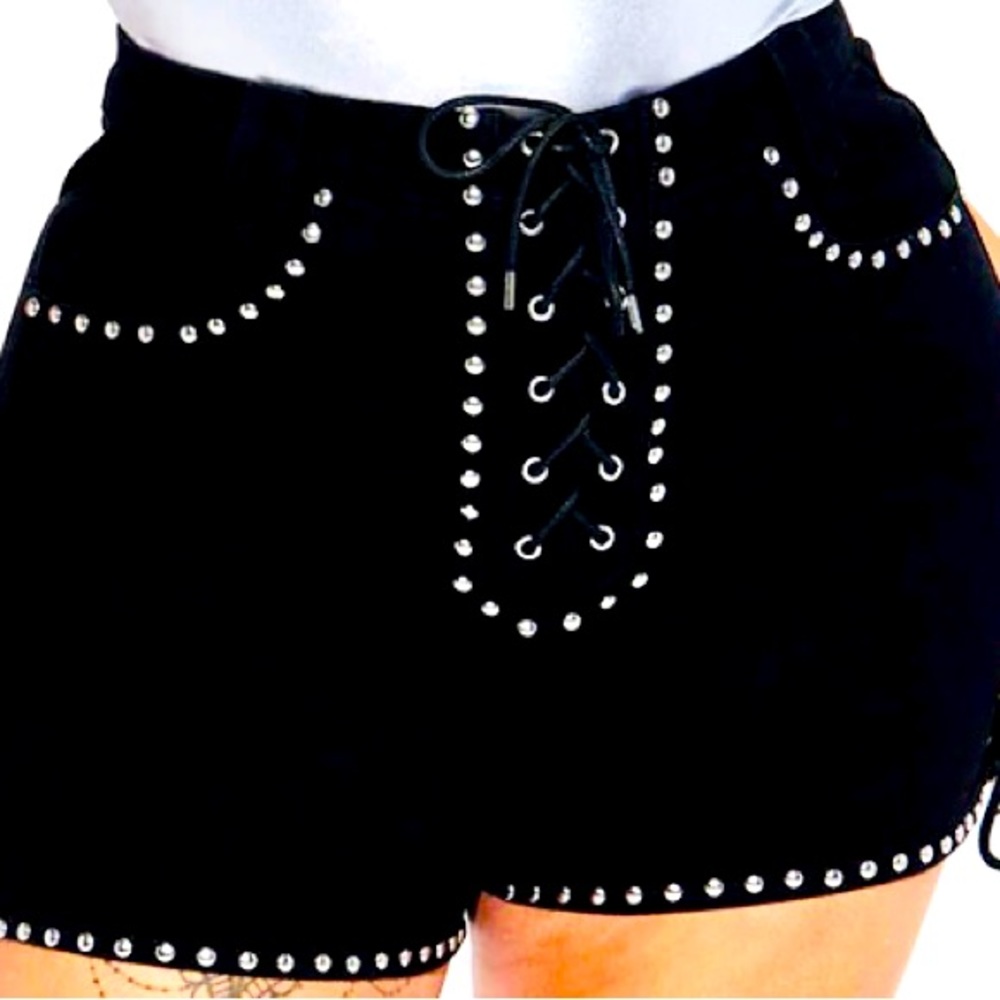 Desert  Nights Lace Up  Denim Shorts -Black